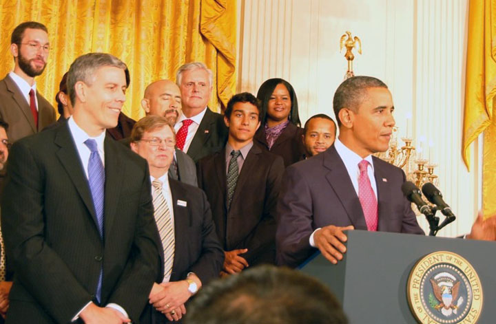 Kentucky Education Commissioner Terry Holliday joined President Barack Obama and U.S. Education Secretary Arne Duncan in Washington, D.C. for the announcement of flexibility under the federal No Child Left Behind (NCLB) Act. Photo submitted, Sept. 23, 1011