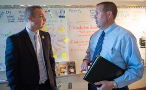 Robb Smith, Bellevue Independent superintendent, left, and Collins Elementary Principal Thomas Loring speak during a visit to Grandview Elementary. Photo by Bobby Ellis; Nov. 2, 2016