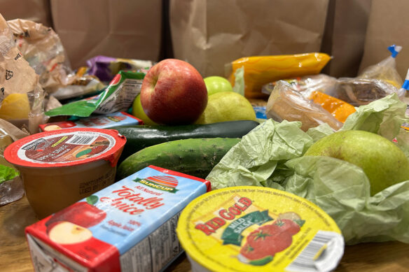 A pile of food, including a dipping container of salsa, a box of apple juice, a container of apple sauce and various fruits and vegetables