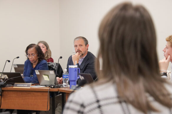 Juston Pate looks at Jennifer Stafford as she makes a presentation while Diana Woods, seated next to Pate, looks at her computer screen