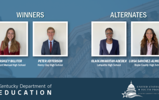 Graphic depicts the two Kentucky participants in the 2025 U.S. Senate Youth Program, Ashley Nicole Billiter of duPont Manual High School (Jefferson County) and Peter Monroe Jefferson of Henry Clay High School (Fayette County), along with the two alternates, OlaOluwakiitan “Kiitan” Mojolaoluwa Adedeji of Lafayette High School (Fayette County) and Luisa Fernanda Sanchez-Almenarez of Boyle County High School.